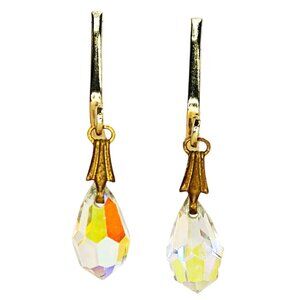 Vintage Aurora Borealis Teardrop Clip-On Earrings – Rhinestone Dangle, Gold Tone
